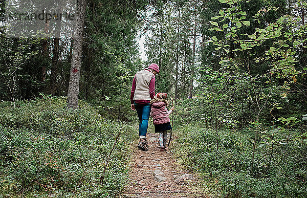 Mutter hält ihre Töchter an der Hand  als sie im Herbst durch den Wald geht