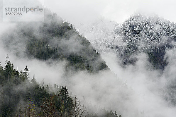 Niedrige Wolken und Nebel rollen mit Schnee durch die Kaskadenberge