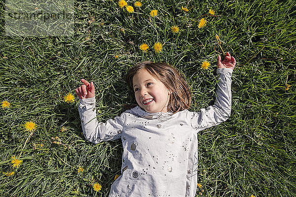 Draufsicht auf ein glücklich lächelndes Kind  das in einem Feld mit Wildblumen liegt