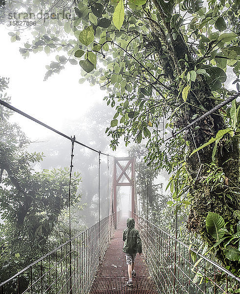 Ein Junge geht über eine Brücke im Nebelwald von Monteverde