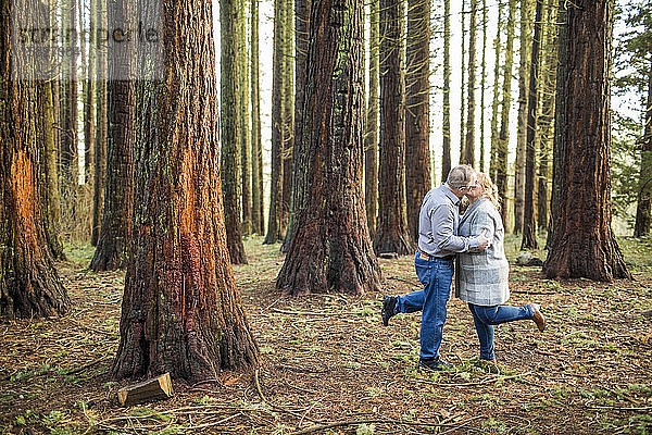 Romantisches Ehepaar im Ruhestand  das sich im Wald küsst.