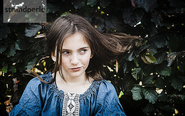 Porträt eines jungen Mädchens mit Haaren in der Hecke