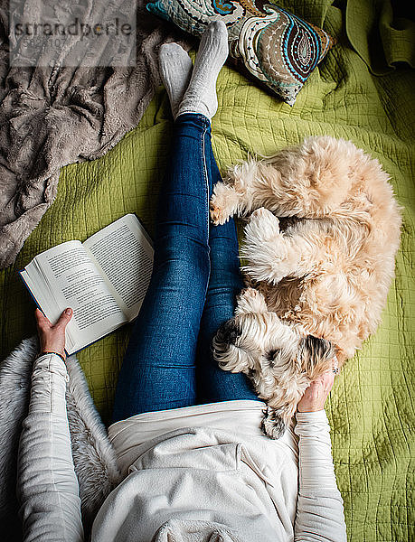 Draufsicht auf den Torso einer Frau auf einem Bett mit einem Buch und ihrem Hund.