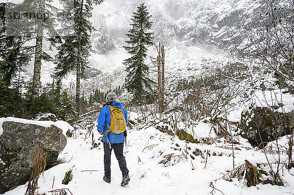 Wanderer auf schneebedecktem Weg in den Kaskadenbergen