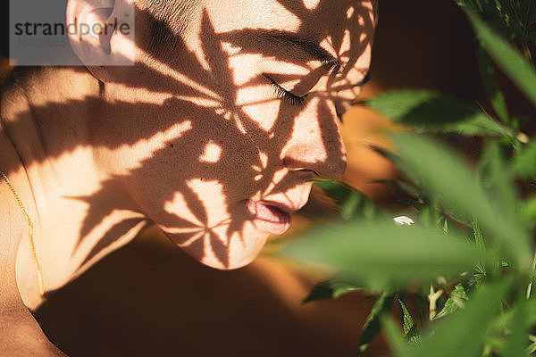 Marihuana-Blätter werfen Schatten auf friedliches menschliches Gesicht