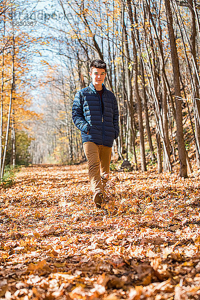Teenager  der an einem Herbsttag allein durch den Wald spaziert.