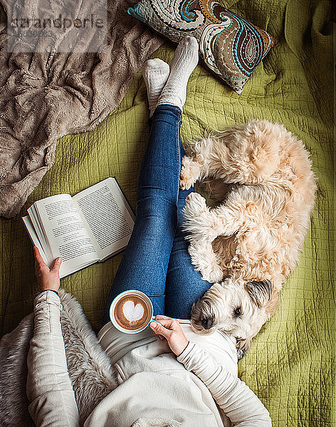 Draufsicht auf den Torso einer Frau auf einem Bett mit einem Buch  Kaffee und einem Hund.