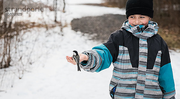 Junge Junge  der an einem Wintertag einen Chickadee-Vogel aus der Hand füttert.