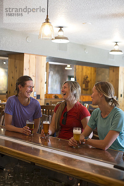 Drei Freundinnen genießen ein Bier in einer Brauerei im Government Camp  OR.