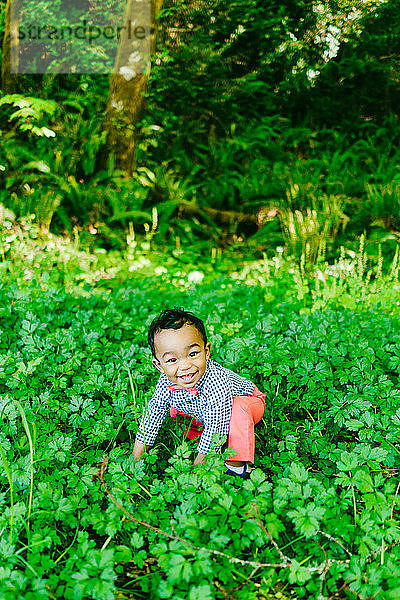 Geradeaus das Porträt eines kleinen Jungen  der im Gras im Freien spielt