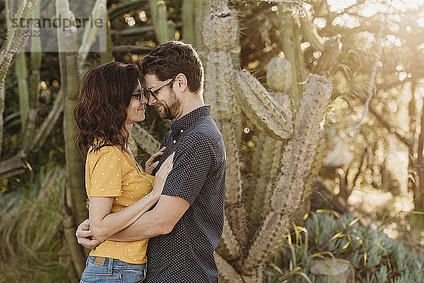 Ehemann und Ehefrau umarmen sich im sonnigen Kaktusgarten