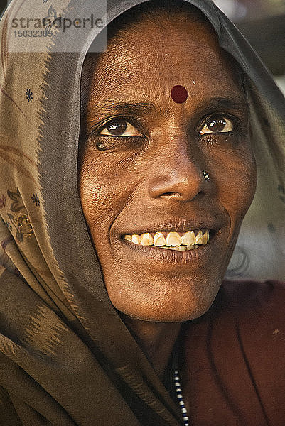 Einheimische Frau aus Kerala trägt Sari und lächelt