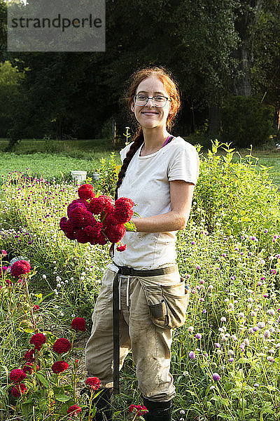 Junge lächelnde Frau hält frisch geschnittene rote Blumen im Garten