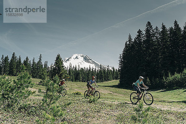 Drei Frauen radeln auf einem Weg in der Nähe des Mt. Hood in Oregon.