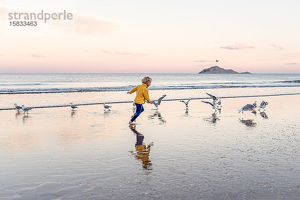 Kleines Kind rennt mit Vögeln am schönen Strand