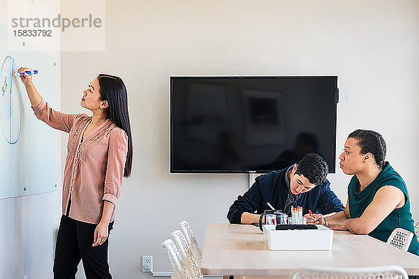 Geschäftsfrau zeichnet Diagramm am Whiteboard  während sie mit Kollegen bei einer Besprechung im Büro plant