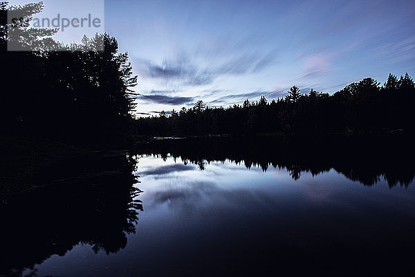 lange Belichtung von Bäumen in der Silhouette  Penobscot River  Maine bei Sonnenuntergang