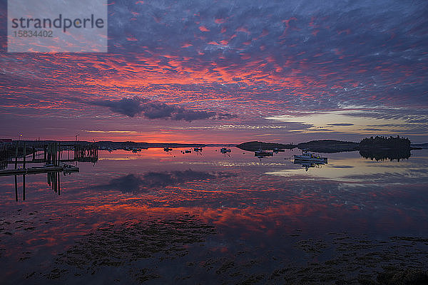 Dramatische Spiegelung des rosa Himmels bei Sonnenuntergang an der Küste von Maine
