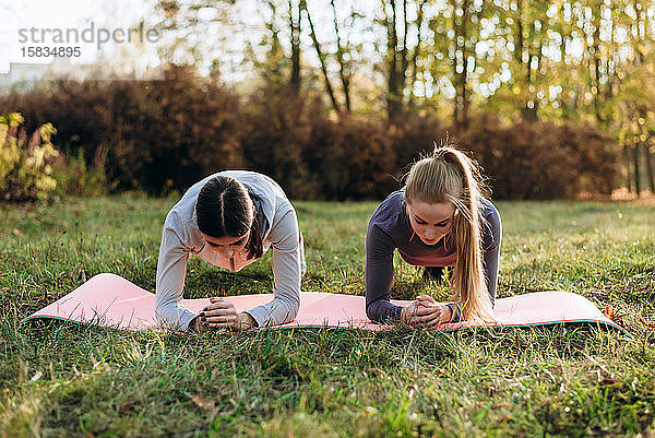 Zwei Freundinnen machen Fitnessplanken im Park.