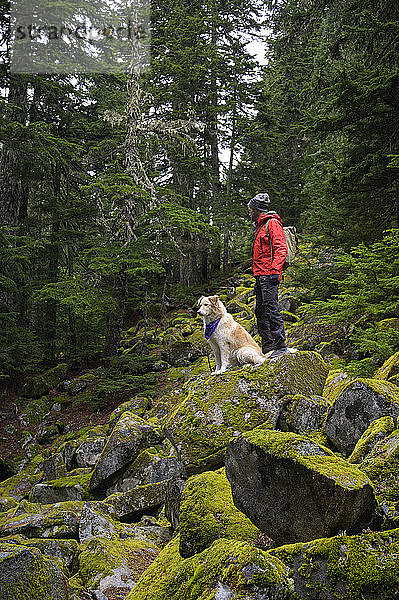 Männlicher Wanderer und flauschiger Hund stehen auf moosigen Felsen in den Bergen