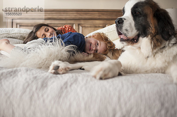 Kinder lächeln  wenn sie mit einem großen Hund zu Hause auf dem Bett liegen