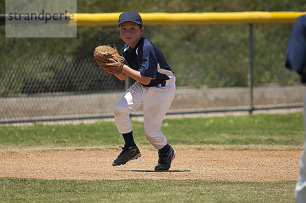 Infielder der Little League-Baseball-Infielder mit einem Groundball