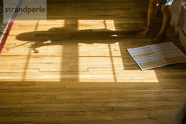 Der Schatten eines kleinen geigenspielenden Kindes mit aufgeschlagenem Notenbuch