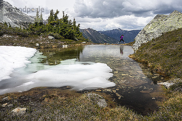 Eine Frau springt an einem Sommertag in den Bergen von Britisch-Kolumbien am Rand eines alpinen Pools über Wasser.