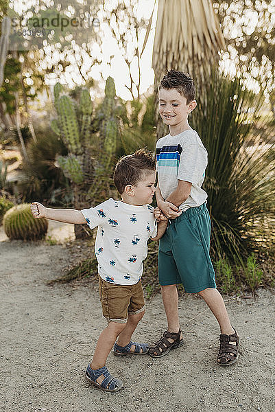 Ganzkörperansicht des jungen Kleinkindbruders  der mit dem älteren Bruder spielt