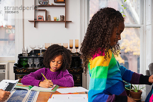 Mädchen macht Hausaufgaben  während die Schwester im Wohnzimmer am Tisch steht