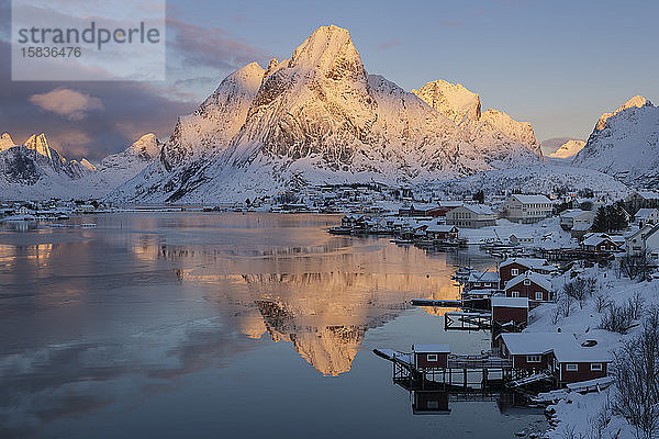 Winterbesinnung auf den Olstinder Berggipfel im Hafen von Reine  MoskenesÃ¸y  Lofoten-Inseln  Norwegen