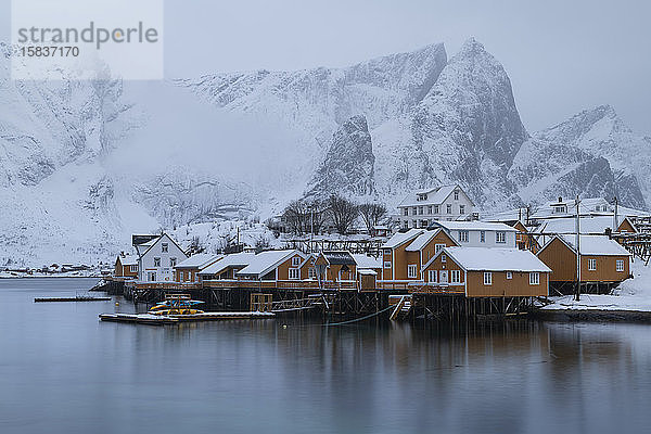 Gelbe Rorbu-Hütten von SakrisÃ¸y in Winterlandschaft  MoskenesÃ¸y  Lofoten-Inseln  Norwegen