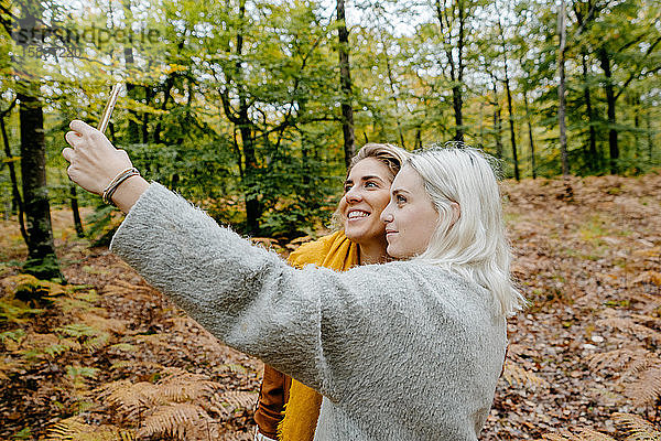 Junge erwachsene Frauen gehen mit einem Selfie in einen abgelegenen Herbstwald