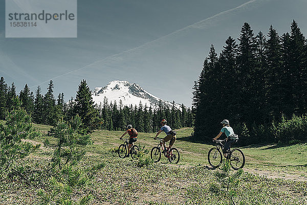 Drei Frauen radeln auf einem Weg in der Nähe des Mt. Hood in Oregon.