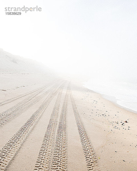 Reifenspuren verblassen in der Ferne an einem einsamen Strand