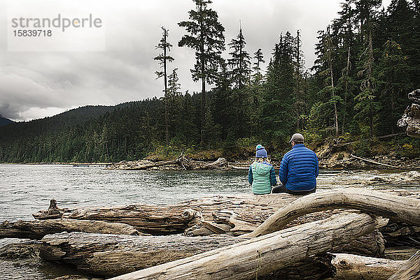 Ruhiger Moment  in dem Mann und Kind auf Baumstämmen in der Nähe eines Sees sitzen