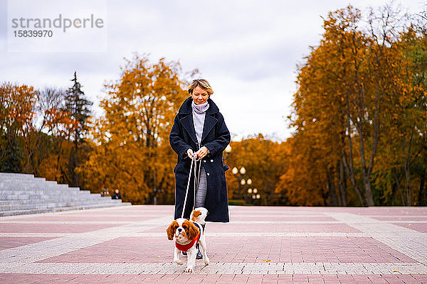 Eine Frau geht mit einem Cavalier King Charles Spaniel im Park spazieren.