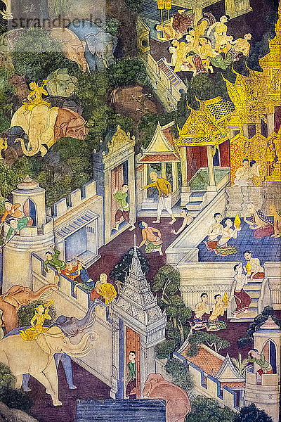 Farbenfrohe Wandmalereien mit Szenen aus dem Leben Buddhas