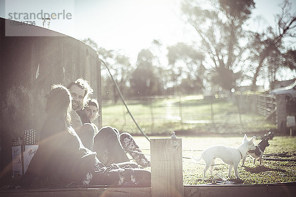 Freunde mit Hunden sitzen und lachen draußen im Sonnenlicht auf dem Bauernhof