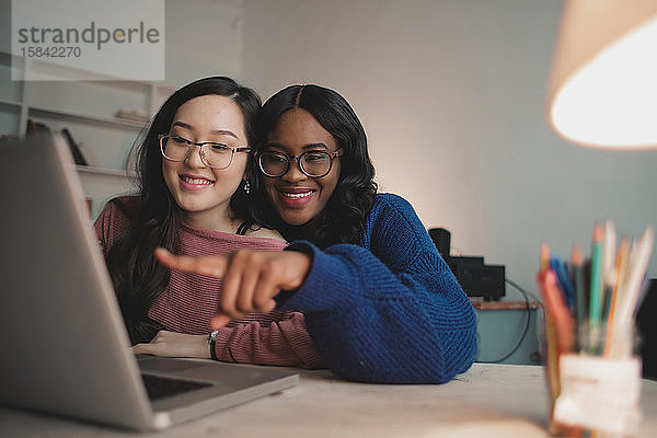 zwei lächelnde Frauen mit einem Laptop