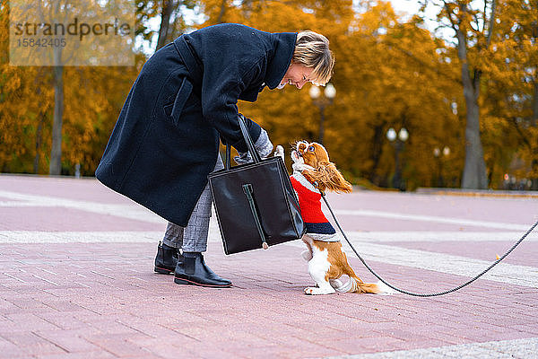 Frau bei einem Spaziergang im Park mit einem Hund von Cavalier King Charles Spaniel.