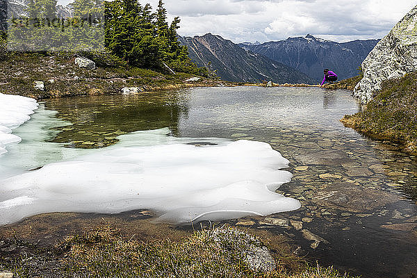 Eine Frau kauert sich an einem Sommertag in den Bergen von Britisch-Kolumbien hin und spürt das Wasser am Rand eines alpinen Pools.