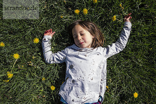 Draufsicht auf ein friedliches Kind  das im Frühling auf einem Feld mit Wildblumen liegt
