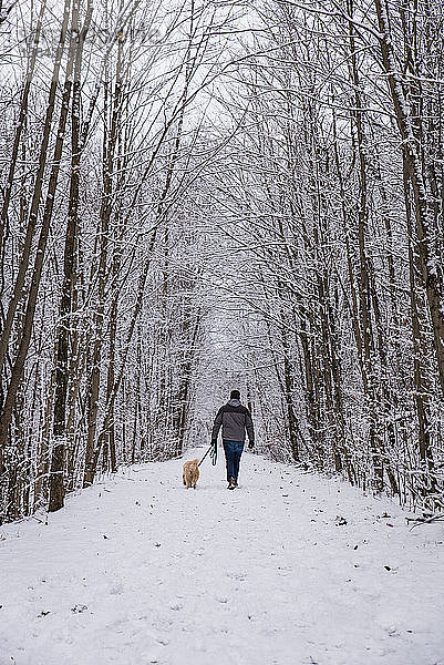 Mann  der an einem Wintertag mit einem Hund auf einem verschneiten Pfad durch den Wald spaziert.