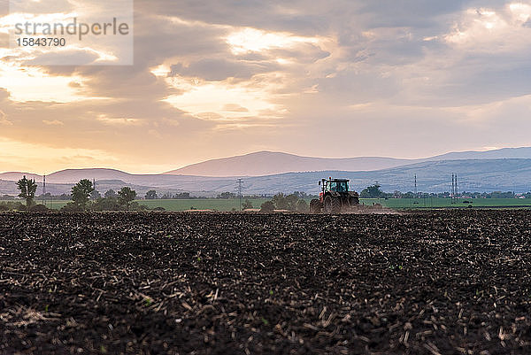 Traktor pflügt Felder bei Sonnenuntergang.