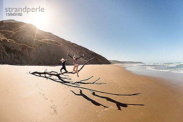 Zwei glückliche Kinder  die an einem Strand vom Treibholz springen