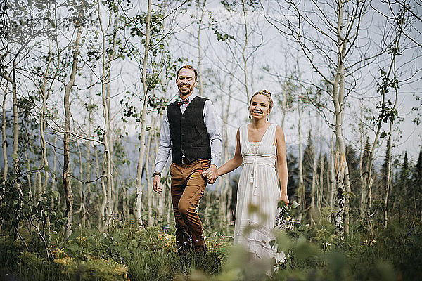 glückliche Frischvermählte halten sich bei einem Spaziergang durch den Birkenwald an den Händen  Wyoming