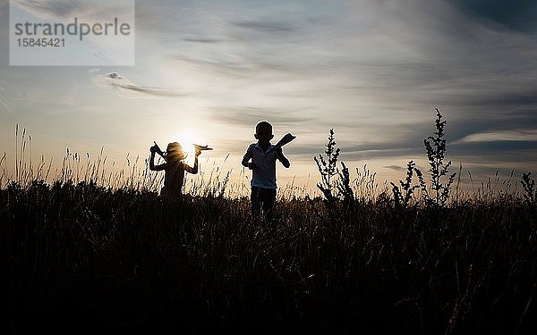 Silhouette von Bruder und Schwester  die bei Sonnenuntergang auf einer Wiese spielen