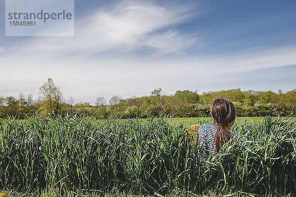 Rückansicht eines Mädchens  das in einem hohen Grasfeld vor strahlend blauem Himmel sitzt