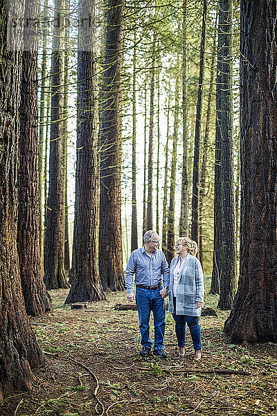 Ehepaar im Ruhestand  das in der Natur spazieren geht und seine Freiheit genießt.